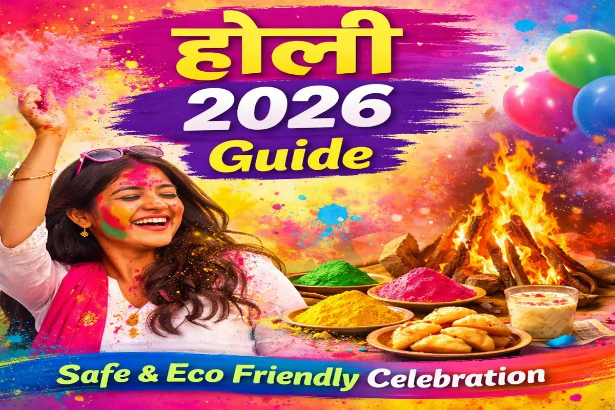 Holi 2026 celebration in India with natural gulal colors and Holika Dahan bonfire – Safe and eco friendly Holi guide