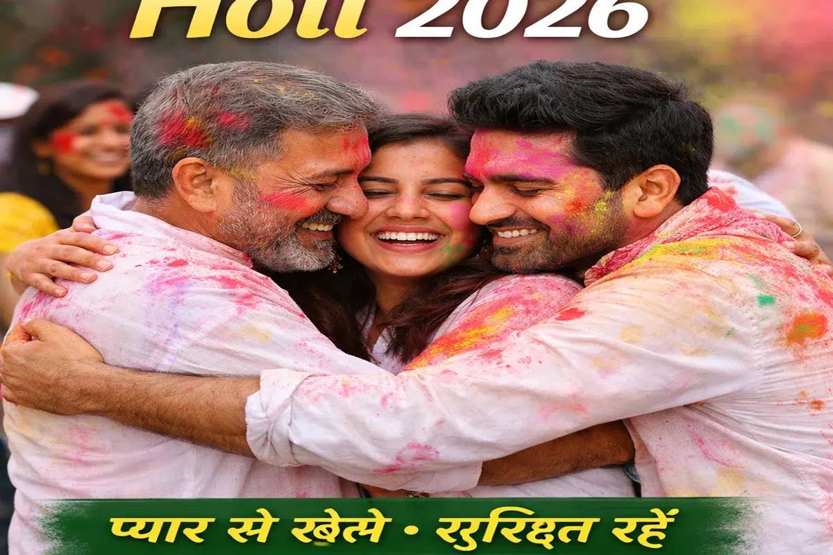 Holi 2026 celebration in India with people hugging happily and applying gulal – safe and loving Holi festival