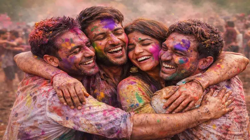 होली का असली अर्थ क्या है रंगों से सजे लोग गले मिलते हुए