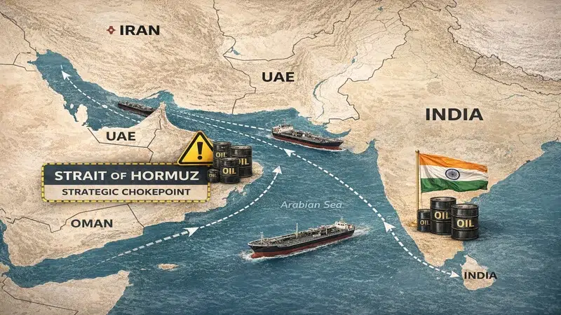 होर्मुज़ जलडमरूमध्य से भारत तक तेल आपूर्ति मार्ग का नक्शा