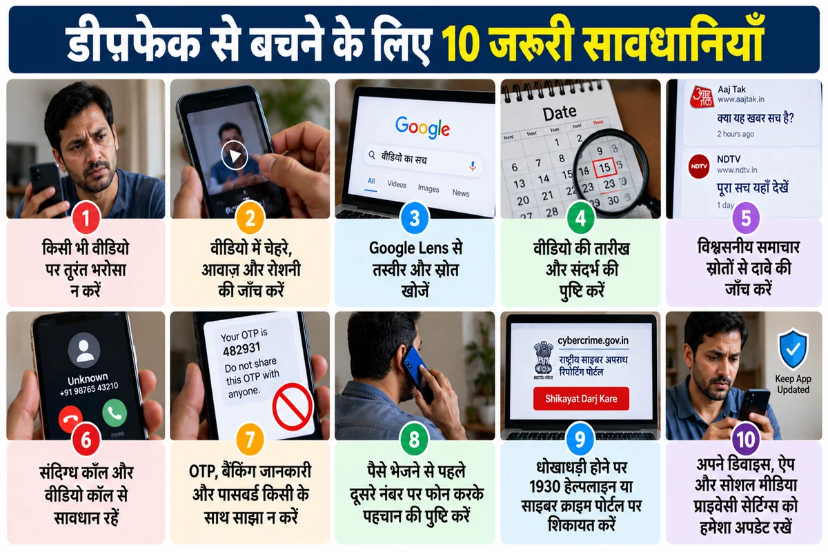 डीपफेक से बचने के 10 उपाय, जिनमें वीडियो की जाँच, Google Lens से खोज, संदिग्ध कॉल से सावधानी, OTP सुरक्षा और साइबर अपराध की रिपोर्टिंग शामिल हैं।