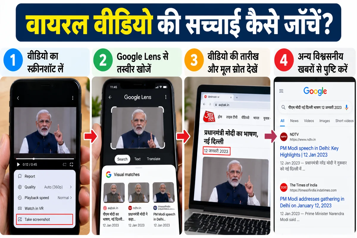मोबाइल पर Google Lens से वायरल वीडियो की तस्वीर खोजकर उसकी तारीख, मूल स्रोत और विश्वसनीय समाचारों से पुष्टि करने की प्रक्रिया।