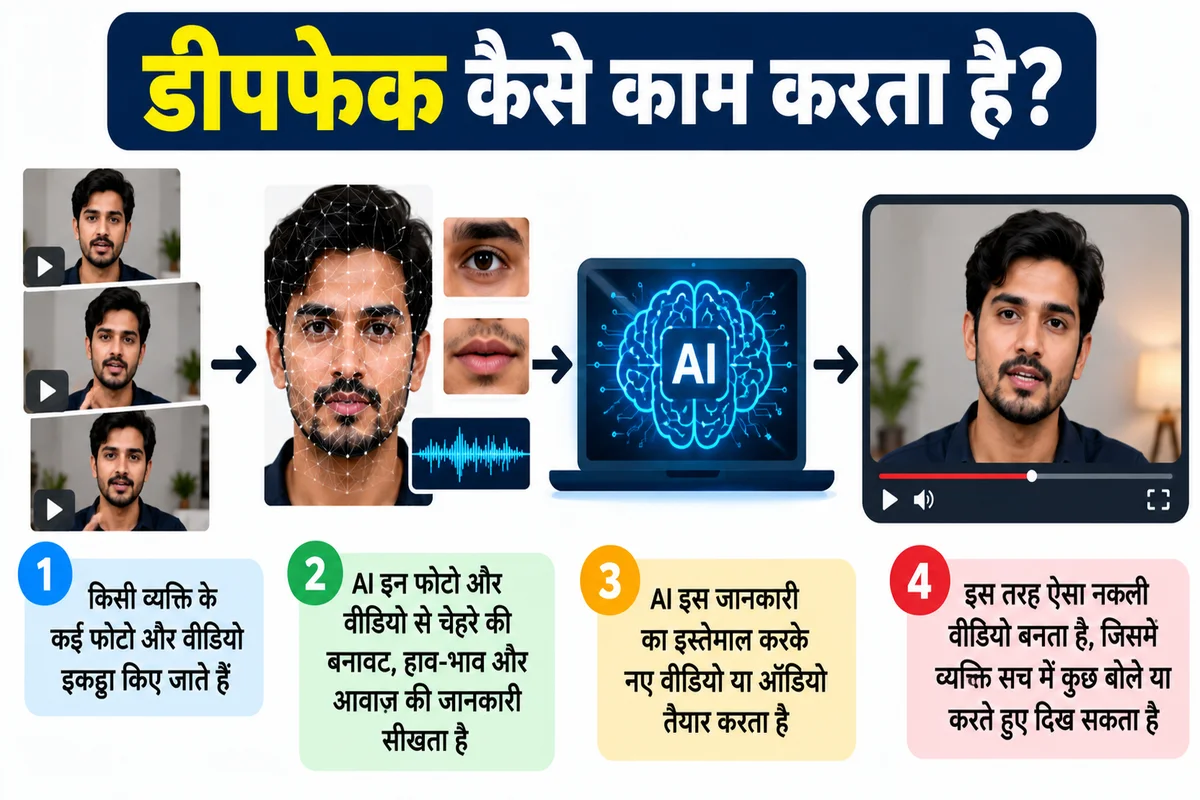 डीपफेक कैसे काम करता है, इसे समझाती इन्फोग्राफिक जिसमें AI चेहरे और आवाज़ का विश्लेषण करके नकली वीडियो बनाता है।