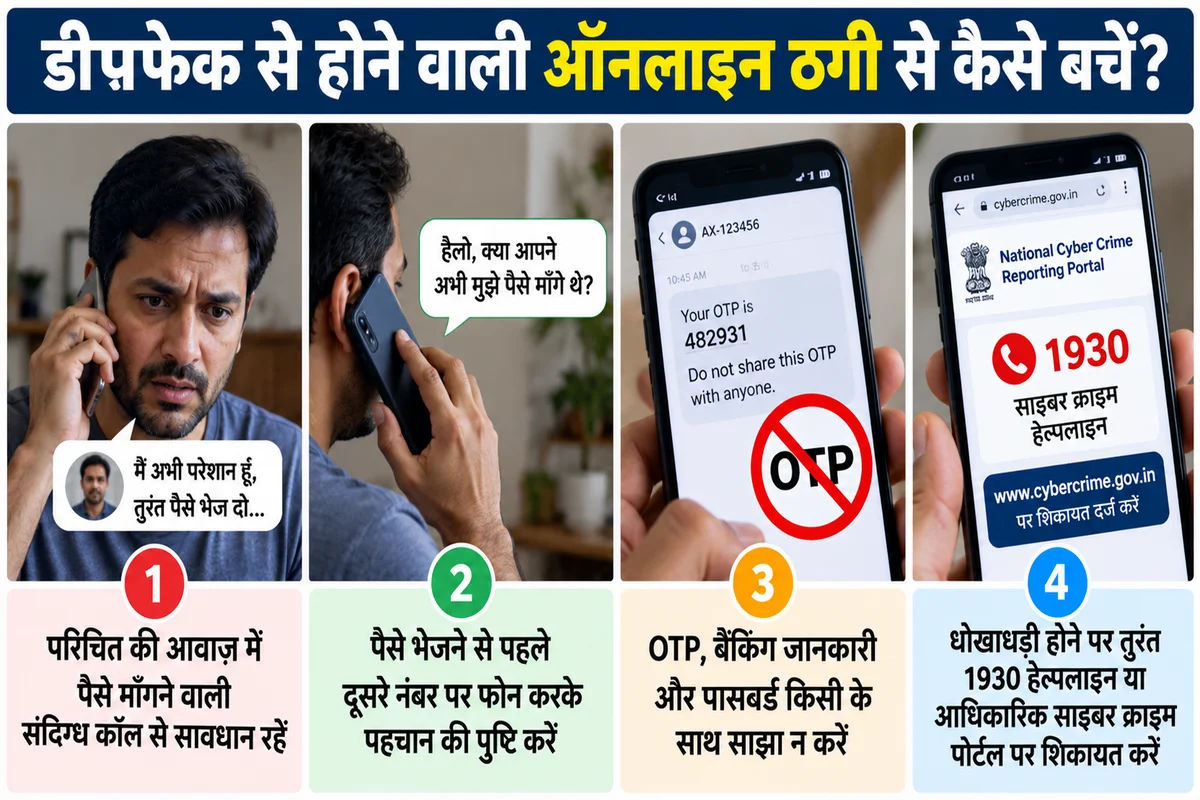 डीपफेक ऑनलाइन ठगी से बचने के उपाय, जैसे संदिग्ध कॉल की पुष्टि करना, OTP साझा न करना और साइबर अपराध की शिकायत करना।