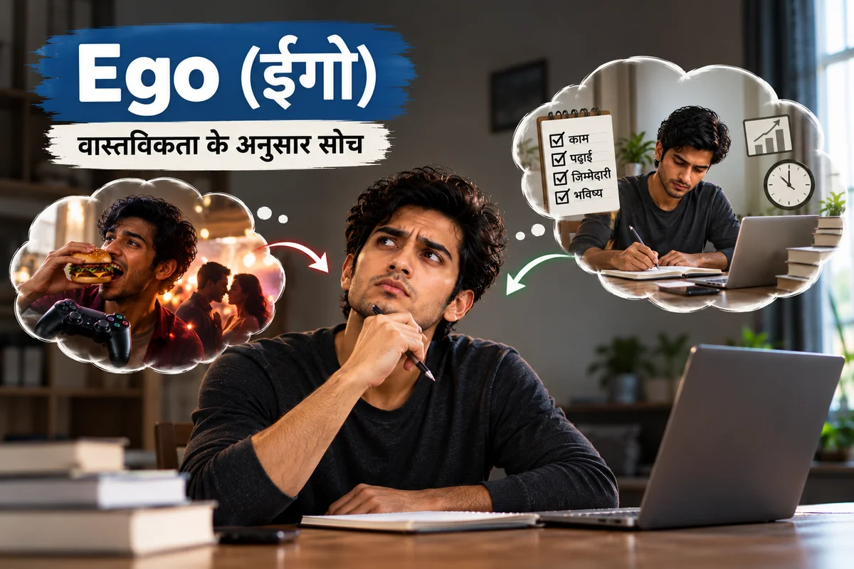 ईगो की अवधारणा दर्शाता चित्र, जिसमें एक व्यक्ति इच्छाओं और काम, पढ़ाई तथा भविष्य की जिम्मेदारियों के बीच सोच-समझकर निर्णय ले रहा है।