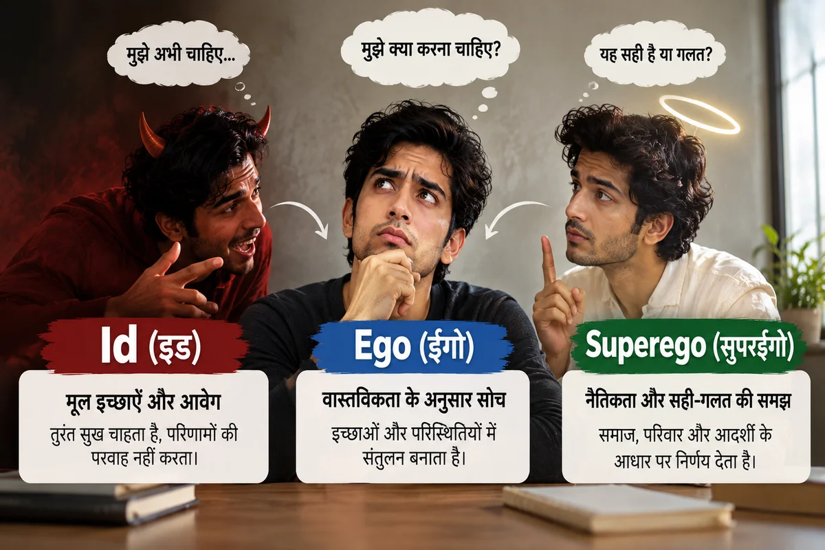 इड, ईगो और सुपरईगो के कार्यों को दर्शाता चित्र, जिसमें इच्छाओं, व्यावहारिक सोच और नैतिक मूल्यों के बीच अंतर समझाया गया है।