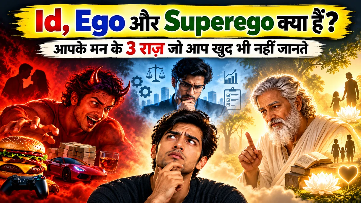 Id, Ego और Superego को दर्शाता चित्र, जिसमें मूल इच्छाओं, व्यावहारिक सोच और नैतिक मूल्यों के बीच अंतर दिखाया गया है।