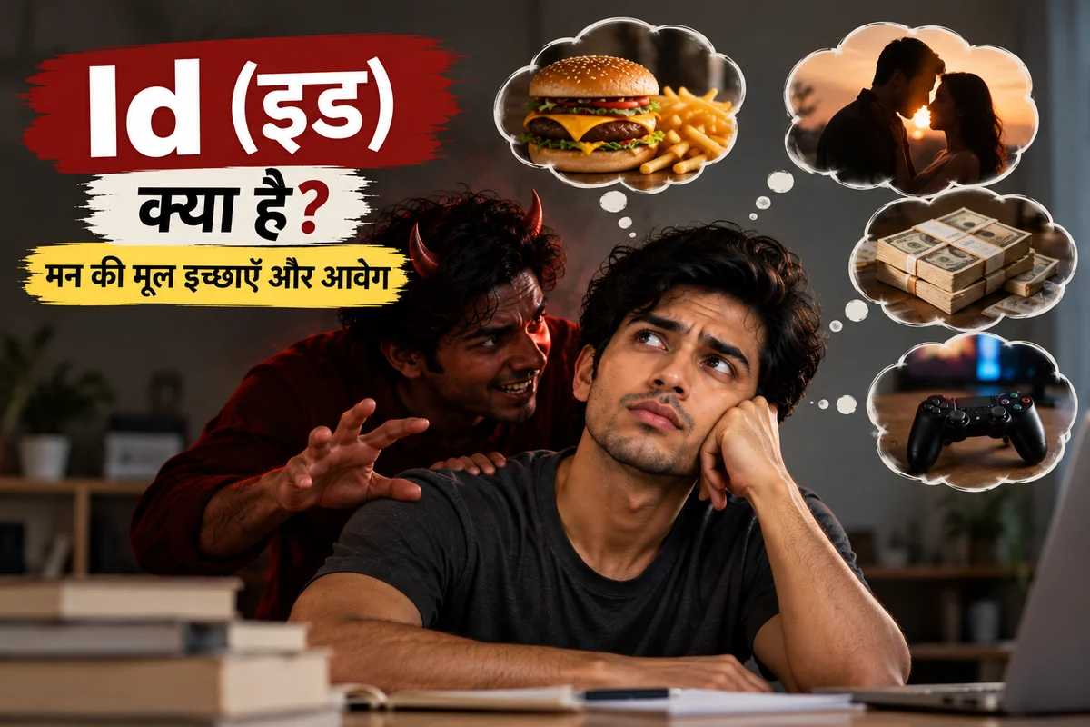 इड (Id) की अवधारणा दर्शाता चित्र, जिसमें एक व्यक्ति के मन में भोजन, आकर्षण, पैसे और मनोरंजन की इच्छाएँ दिखाई गई हैं।