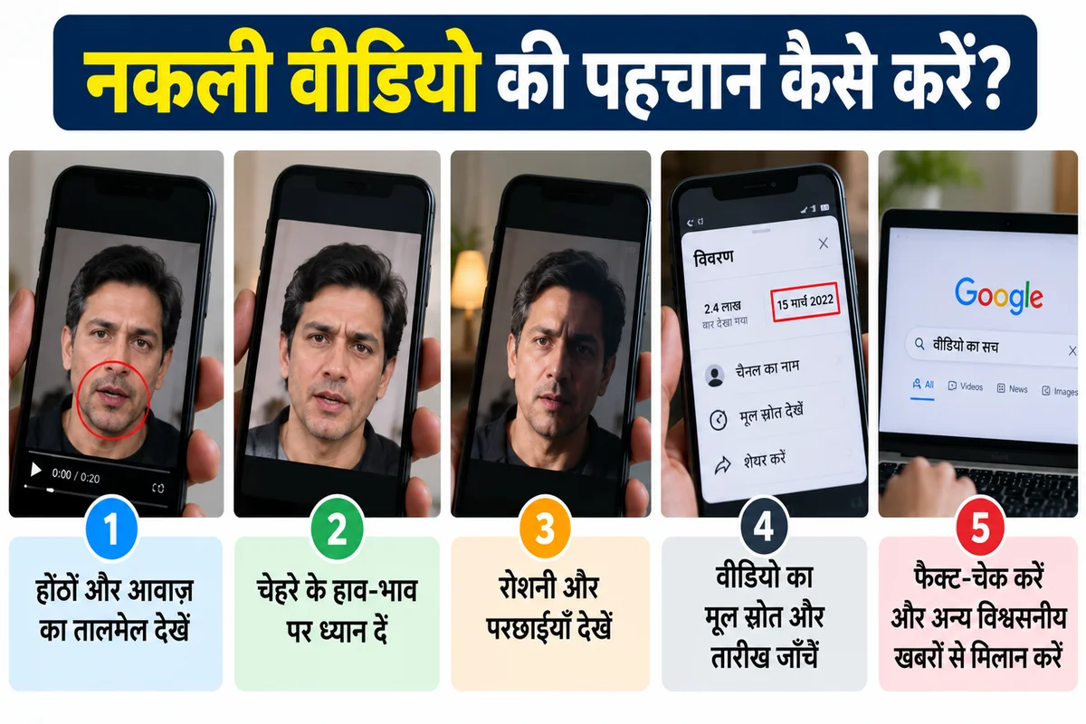 नकली वीडियो की पहचान के 10 तरीके, जिनमें होंठों और आवाज़ का तालमेल, चेहरे के हाव-भाव, रोशनी, मूल स्रोत और फैक्ट-चेक शामिल हैं।