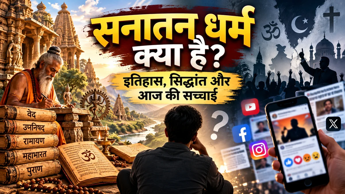 सनातन धर्म के इतिहास, प्राचीन भारतीय ग्रंथों और आधुनिक धार्मिक विमर्श को दर्शाती चित्रात्मक छवि।