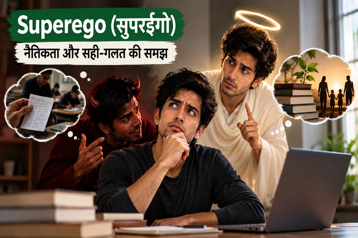 सुपरईगो की अवधारणा दर्शाता चित्र, जिसमें एक व्यक्ति सही-गलत के बीच चुनाव करते हुए नैतिक मूल्यों और जिम्मेदारियों पर विचार कर रहा है।