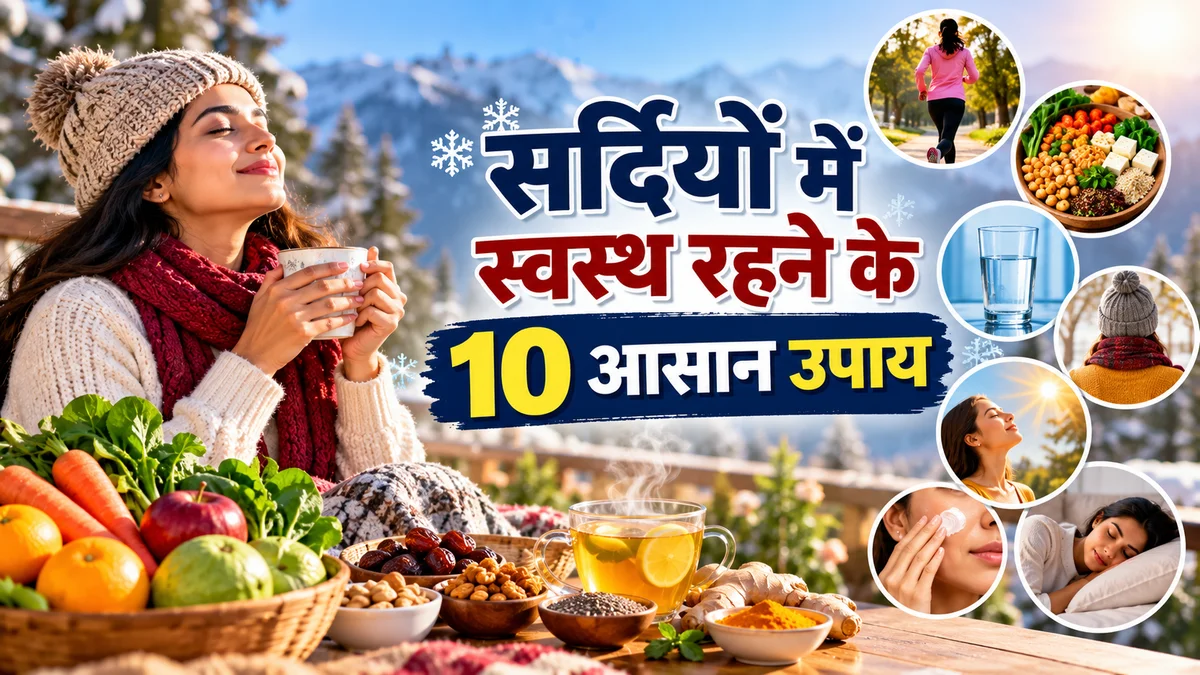सर्दियों में सेहत का ध्यान रखने के लिए पौष्टिक भोजन, गर्म कपड़े और स्वस्थ जीवनशैली दर्शाती तस्वीर